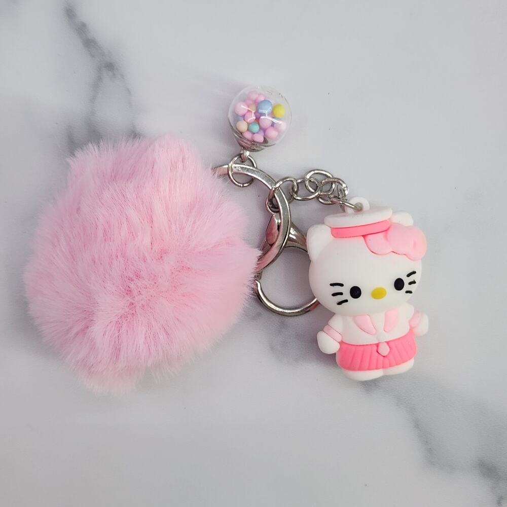 Hello Kitty 3D Figure Keychain puff ball & mini bead filled bubble Pink combo!